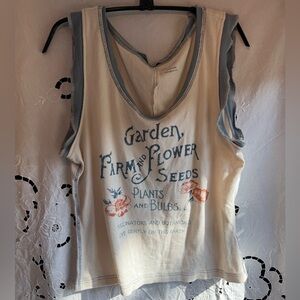 Pilcro Cream farm cottage Tank Top with Blue Trim and Orange Floral Graphic XL